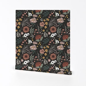 Boho Floral Wallpaper  - Boho Floral On Black By Devondesignco - Dark Garden Flowers Removable Self Adhesive Wallpaper Roll by Spoonflower