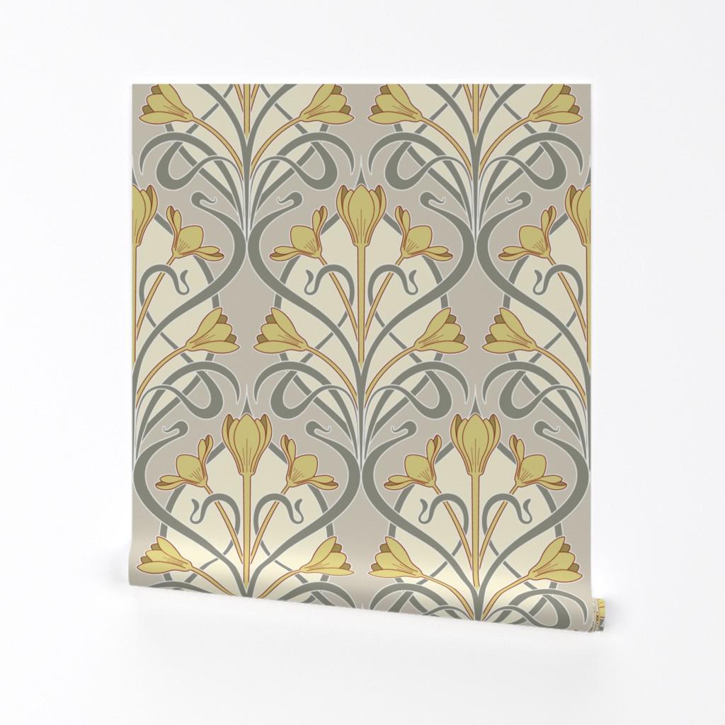 Yellow Floral Wallpaper - Crocus Art Nouveau By Mia Valdez - Victorian Custom Printed Removable Self Adhesive Wallpaper Roll by Spoonflower
