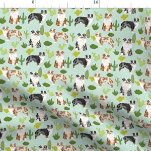 Australian Shepherds Fabric - Dogs Cute Cactus Mint Blue Red Merle Aussie Dog By Petfriendly - Cotton Fabric by the Yard with Spoonflower