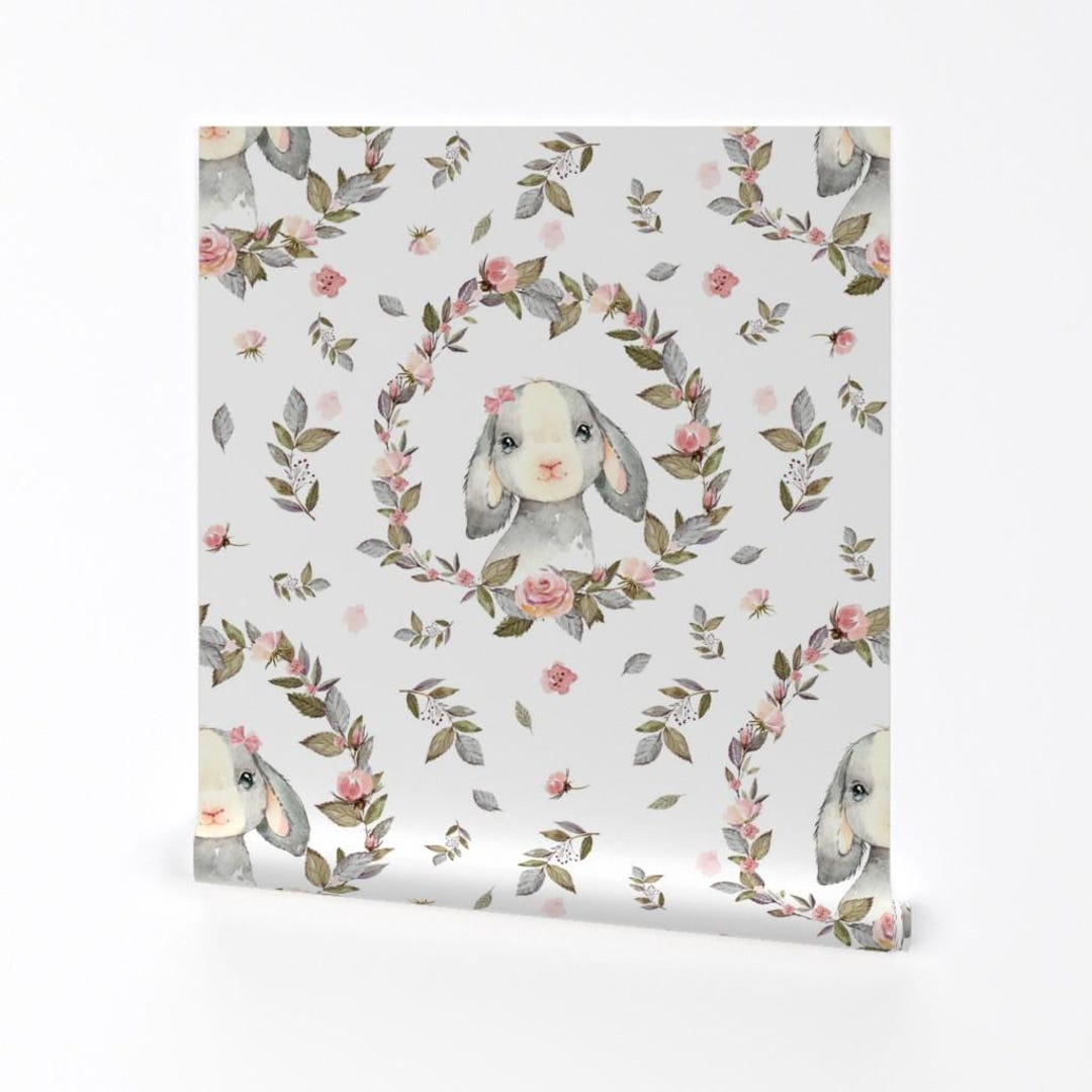 Bunny Wallpaper - Pink Bunny With Bow Flowers by Shopcabin - Pink ...