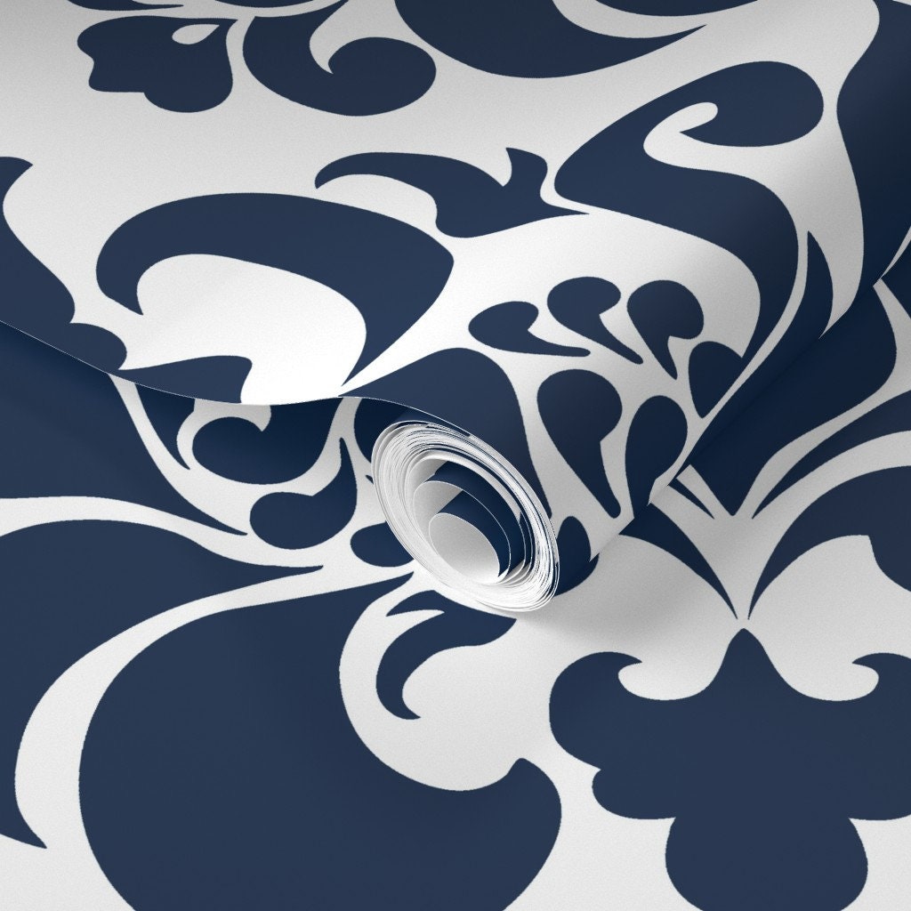 Navy Damask Wallpaper Damask Navy by Mintedtulip Victorian Etsy