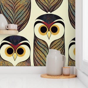 Forest Owls Peel and Stick Wallpaper - Art Deco Earth Tones Nursery Childrens Novelty Library - Removable Wall Decor Art - Owls by nickleen image 7