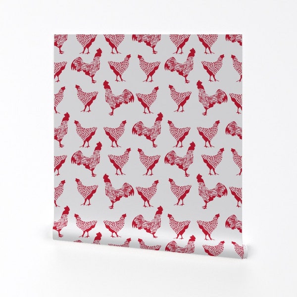 Chicken Wallpaper - Chicken Red On White By Thehighfiber - Chicken Red Custom Printed Removable Self Adhesive Wallpaper Roll by Spoonflower