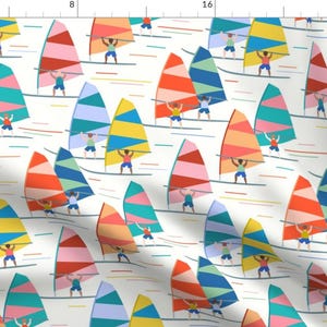 Board Sports Fabric - Windsurfing By Pippa Shaw - White Blue Orange Fun Happy Summer Beach Kids Cotton Fabric By The Yard With Spoonflower