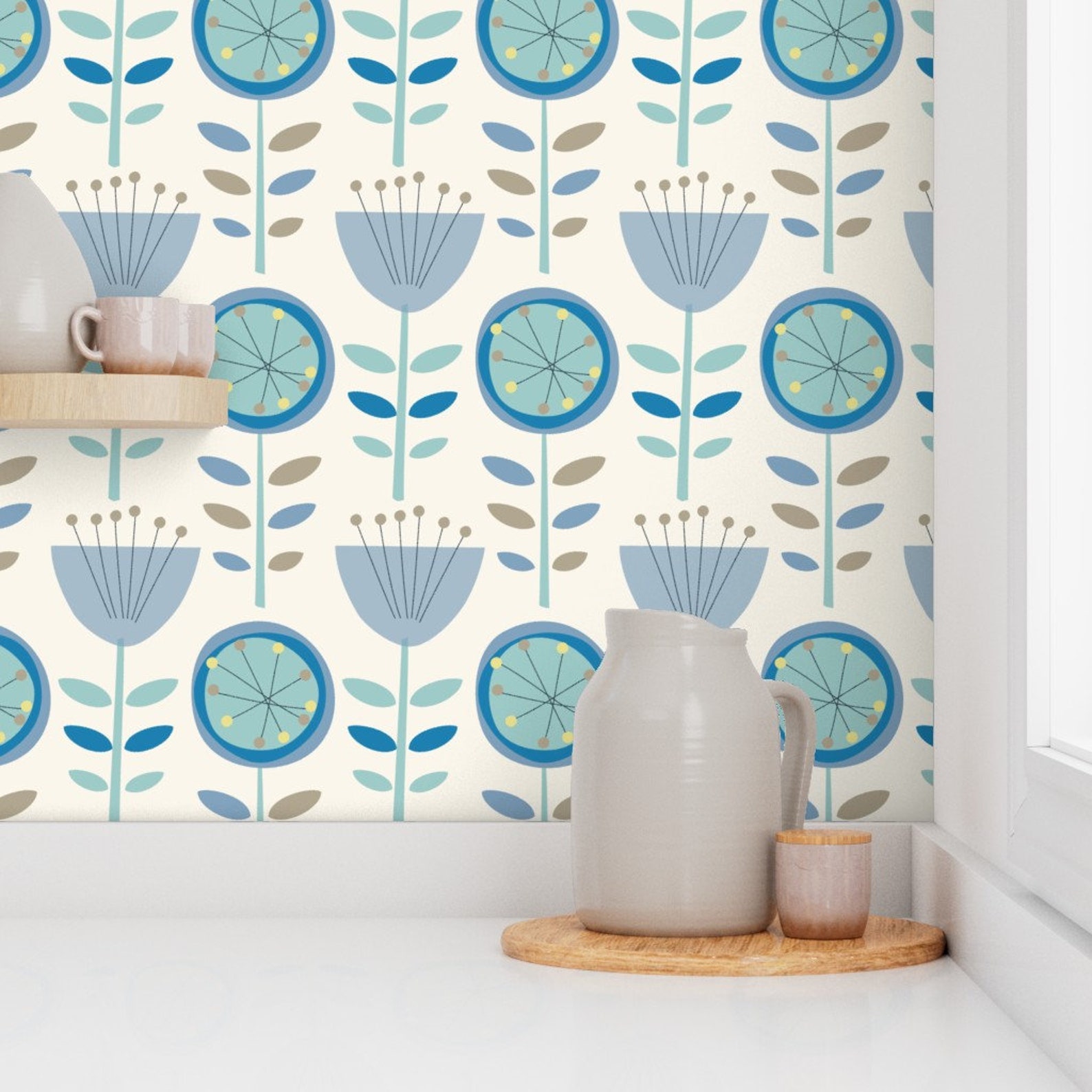 Retro Floral Wallpaper Mid-century Modern Floral by - Etsy