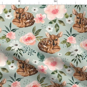 Woodland Spring Fabric - Vintage Fawn by cateandrainn - Baby Deer Pink Floral Mint Blue Green Fabric by the Yard by Spoonflower