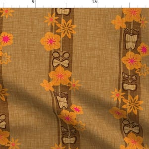 Tiki Fabric - Tiki Stripe Orange Hibiscus Hawaiian Shirt Retro Brown Coconut By Thecalvarium - Cotton Fabric By The Yard With Spoonflower