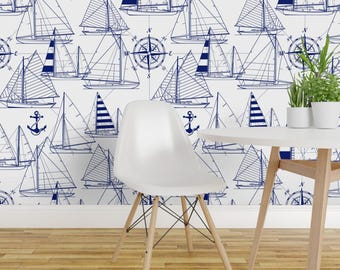 Sailboats Wallpaper - Sailboats - Navy On White By Mirabelleprint - Custom Printed Removable Self Adhesive Wallpaper Roll by Spoonflower