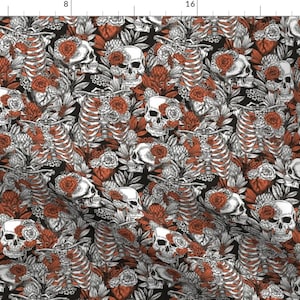 Skulls and Roses Fabric - Vintage Anatomy Halloween By Adehoidar - Gray Orange White Spooky Cotton Fabric By The Yard With Spoonflower