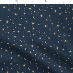 Moon Fabric - Mystic Universe By Littlesmilemakers - Sun Moon Stars Sweet Dreams Night Navy Gold Cotton Fabric By The Yard With Spoonflower