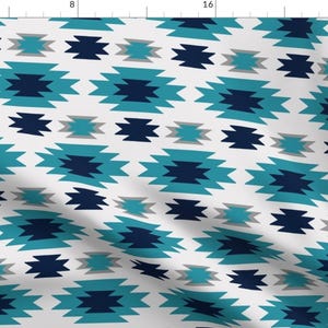 Aztec Fabric - Aztec Navy Teal Gray By Sproutz - Aztec Navajo Tribal Boho Geometric Blue Navy Cotton Fabric By The Yard With Spoonflower