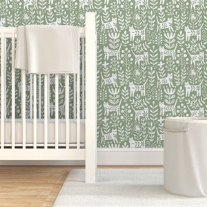 Sage Folk Cats Wallpaper - Whimsical Floral Cats by kostolom3000 - Sage Green Cat Pets  Removable Peel and Stick Wallpaper by Spoonflower