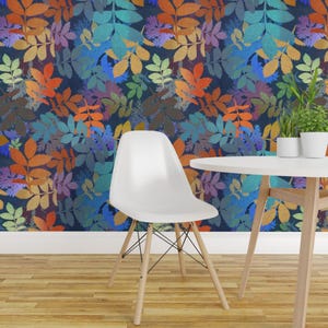 Leaves Wallpaper - Leaves Falling By Nina Leth - Autumn Blue Orange Foliage Trees Removable Self Adhesive Wallpaper Roll by Spoonflowe