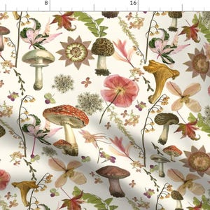 Woodland Fabric - Garden Mushrooms Large by mypetalpress - Rustic Mushrooms Botanical Forest Fungi Garden Fabric by the Yard by Spoonflower