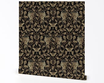 Owls Wallpaper - Owl In The Oak By Fernlesliestudio - Nouveau Vines Brown Black Birds Removable Self Adhesive Wallpaper Roll by Spoonflower