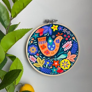 Bird Floral Embroidery Template on Cotton - Folk Style By dinasnaturalavenue - Embroidery Pattern for 6&quot; Hoop Custom Printed by Spoonflower