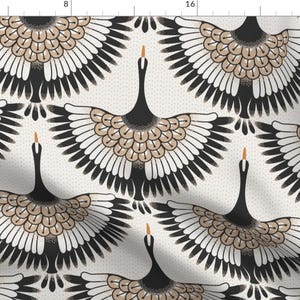 Flying Crane Fabric - Deco Cranes by garabateo - Geometric Neutral Elegant Cream Tan Egret Heron Fabric by the Yard by Spoonflower