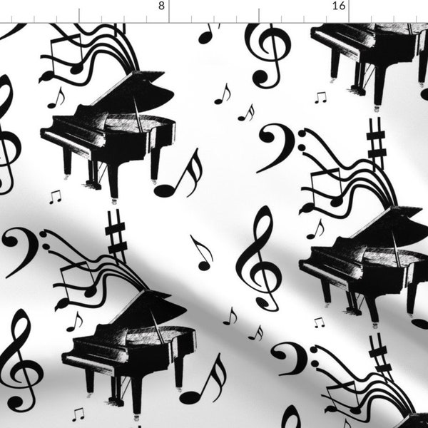 Black And White Piano Fabric - Piano Music By Leahvanlutz - Black And White Grand Piano Music Cotton Fabric By The Yard With Spoonflower