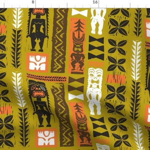 Tropical Tiki Fabric - Hawaiian Tikis 3a By Muhlenkott - Tropical Hawaiian Tiki Summer Island Cotton Fabric By The Yard With Spoonflower