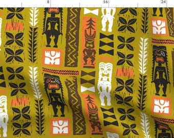 Tropical Tiki Fabric - Hawaiian Tikis 3a By Muhlenkott - Tropical Hawaiian Tiki Summer Island Cotton Fabric By The Yard With Spoonflower