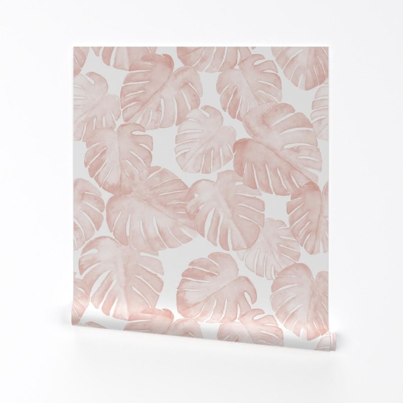 Monstera Wallpaper - Jumbo Scale Watercolor Monstera Leaf By Littlearrowdesign - Pink Removable Self Adhesive Wallpaper Roll by Spoonflower image 2