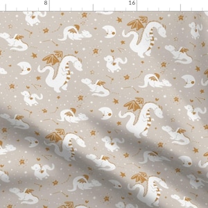 Boho Baby Dragon Apparel Fabric - Baby Dragons by ebozzastudio - Fantasy Whimsical Warm Neutrals Moon Stars Clothing Fabric by Spoonflower