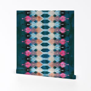 Tribal Wallpaper - Kilimkind Stripe By Schatzibrown - Teal Pink Tribal Custom Printed Removable Self Adhesive Wallpaper Roll by Spoonflower