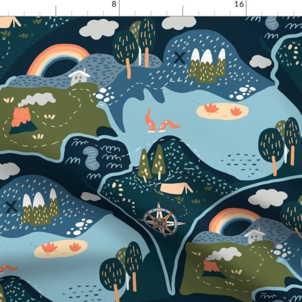 Whimsical Fabric - Seek Adventure Map by sarah_mcalpine_art - Treasure Adventure Map Lagoon Compass Blue Fabric by the Yard by Spoonflower