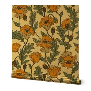 Vintage Floral Gold or Silver Metallic Wallpaper - Joon Poppy Bright by holli_zollinger - California Poppy Wallpaper Roll by Spoonflower