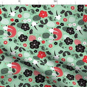 Japanese Koi Fish illustration in Green fabric designed by LittleSmileMakers - Koi Fish Cotton Fabric - by the yard with Spoonflower