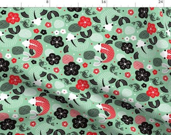 Japanese Koi Fish illustration in Green fabric designed by LittleSmileMakers - Koi Fish Cotton Fabric - by the yard with Spoonflower