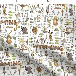 Wyoming Fabric - Wild In Wyoming White By Mulberry Tree - Wyoming Woodland Jackalope Brown Green Cotton Fabric By The Yard With Spoonflower