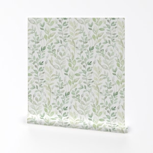 Green Removable Peel and Stick Wallpaper -  Leaves Nature Light Fresh Watercolor Delicate - Wall Art Wall Decor - Midsummer by lolahstudio
