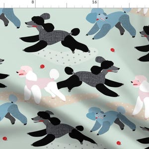 Poodle Dogs Fabric - Poodles In The Park Green // Fun Play Dogs Ball Fetch Polkadot Vintage Retro Bright Colourful Puppies By Mountvicandme