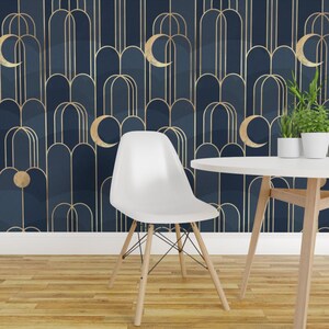 Celestial Art Deco Peel and Stick Wallpaper - Moon Night Sky Arches Blue 1920s - Removable Wall Decor Art - Art Deco Moon  by michele_norris