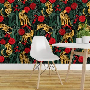 Maximalist Leopards Peel and Stick Wallpaper - Jungle Botanical Big Cats - Removable Wall Decor Art - Leopards And Roses by urban_lights
