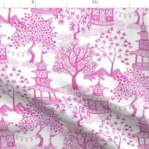 Chinoiserie Fabric - Pagoda Forest Pinks by danika_herrick - Maximalist Magenta Pagoda Romantic Fabric by the Yard by Spoonflower