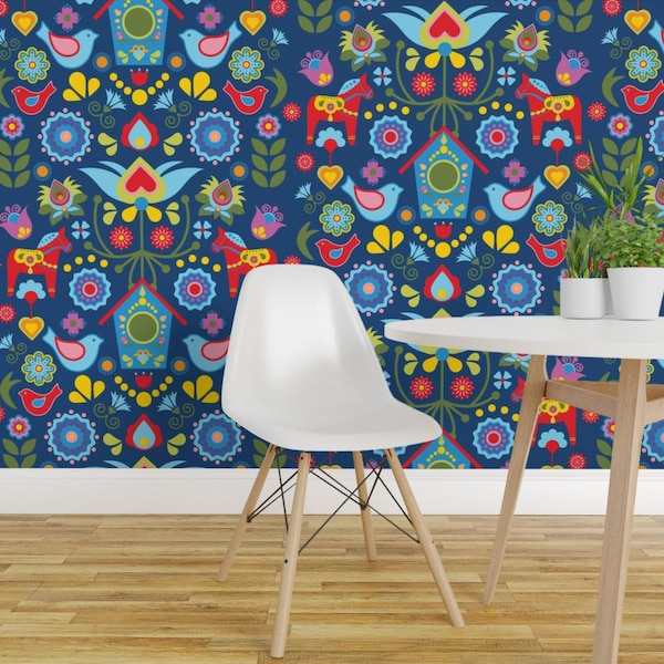 Folk Art Wallpaper - Swedish Garden By Linziloop- Floral Birdhouse Blue Custom Printed Removable Self Adhesive Wallpaper Roll by Spoonflower