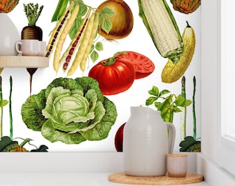 Veggies Wallpaper - Vintage Veggies By Redbriarstudio - Kitchen Retro Custom Printed Removable Self Adhesive Wallpaper Roll by Spoonflower