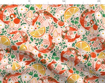 Seafood Fabric - Shrimply The Best by stolenpencil - Summer Food Lemons Shrimp Snacks Kitchen Flowers Pink Fabric by the Yard by Spoonflower