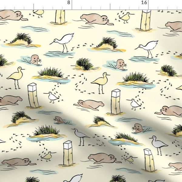 Beach Fabric - Seals And Birds - Life At The Beach By Revista - Summer Beach Cotton Fabric By The Yard With Spoonflower