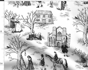 Toile Fabric - Witch Trials Toile by jillianmorris - History Horse Line Drawing Sketch Black White Salem Fabric by the Yard by Spoonflower
