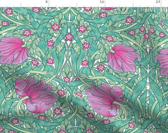 Floral Damask Fabric - Pimpernel Mint Magenta by utart -  Art Nouveau William Morris Arts And Crafts  Fabric by the Yard by Spoonflower