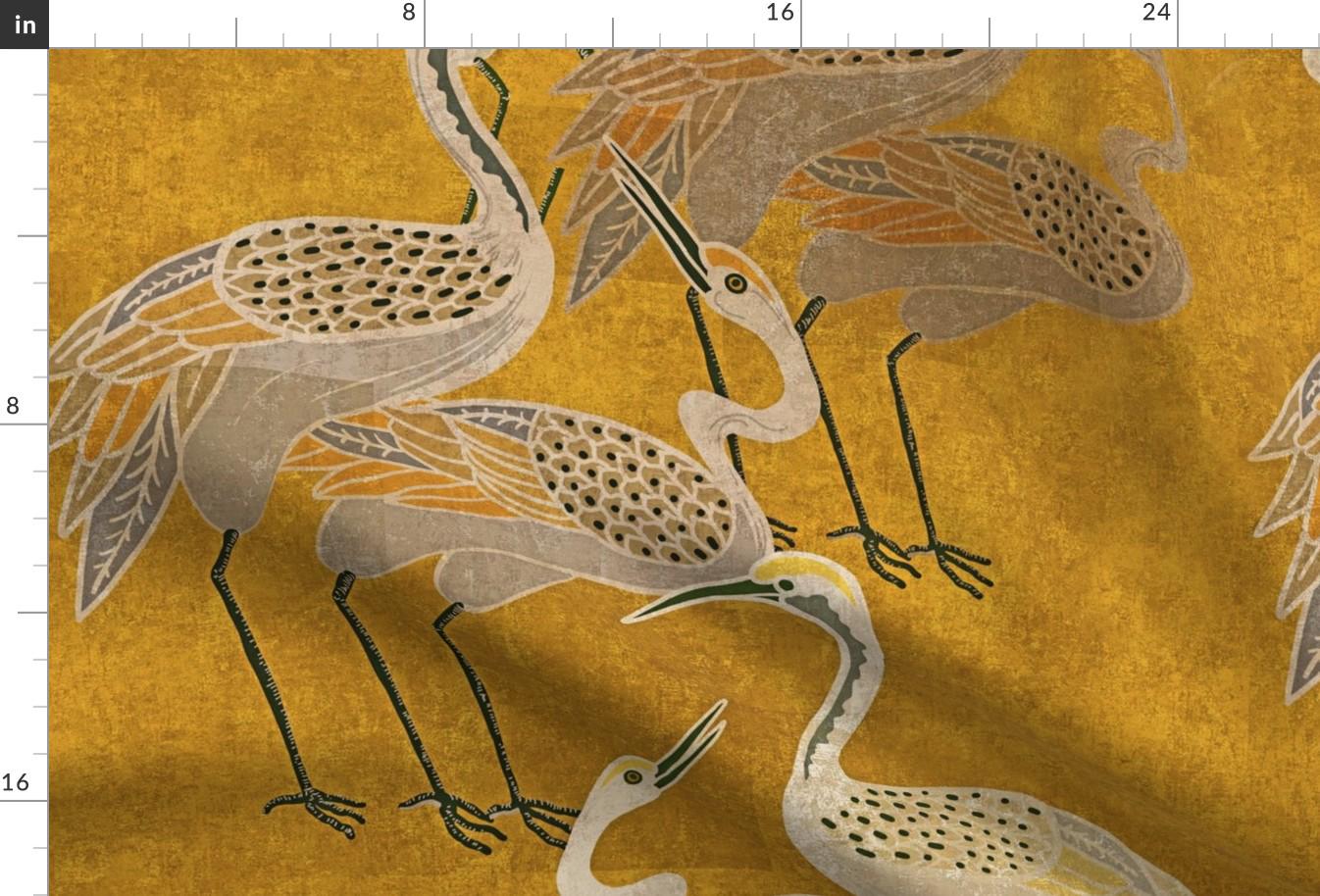 Maximalism Fabric - Golden Hour Cranes by shellyreneedesigns - Art Deco Birds Boho Hollywood Regency Crane Fabric by the Yard by Spoonflower