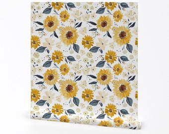 Sunflower Wallpaper - Sunflowers And Cream By Indybloomdesign - Yellow Cream Flowers Removable Self Adhesive Wallpaper Roll by Spoonflower