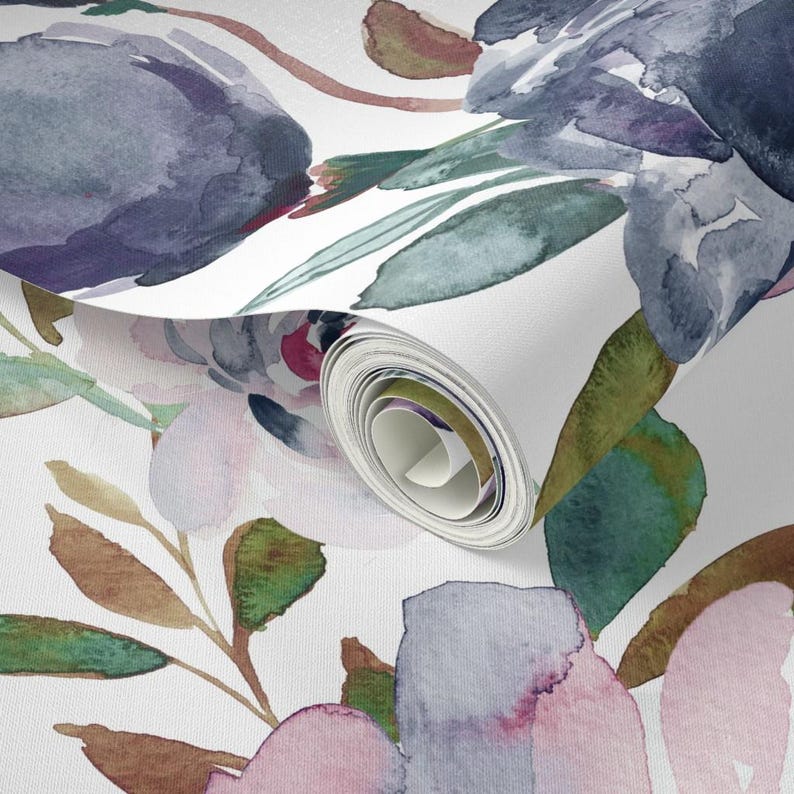 Romantic Floral Peel and Stick Wallpaper - Navy Botanical Feminine Meadow - Removable Wall Decor Art - Midnight Peonies by indybloomdesign image 3