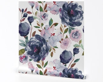 Romantic Floral Wallpaper - Midnight Peonies by indybloomdesign - Navy Botanical Feminine Removable Peel and Stick Wallpaper by Spoonflower