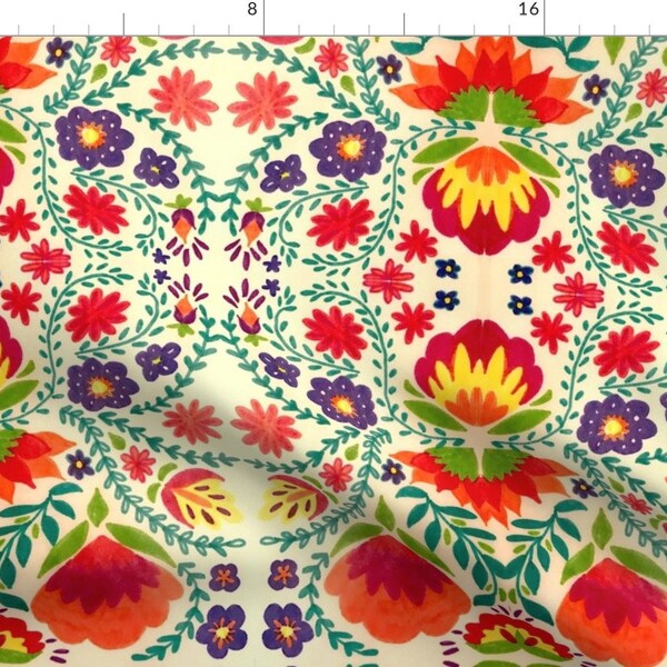 Mexican Style Floral Fabric - Folklore Cream Motif by napolicreates - Bright Traditional Large Scale Fabric by the Yard by Spoonflower