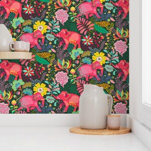 Jungle Wallpaper - Floral Jungle Elephant By Miraparadies - Bohemian Green Pink Summer Removable Self Adhesive Wallpaper Roll by Spoonflower image 7