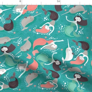 Mermaids and Narwhal Fabric - Mermaid Mingle By Cynthiafrenette - Mermaids and Narwhal Nursery Cotton Fabric By The Yard With Spoonflower